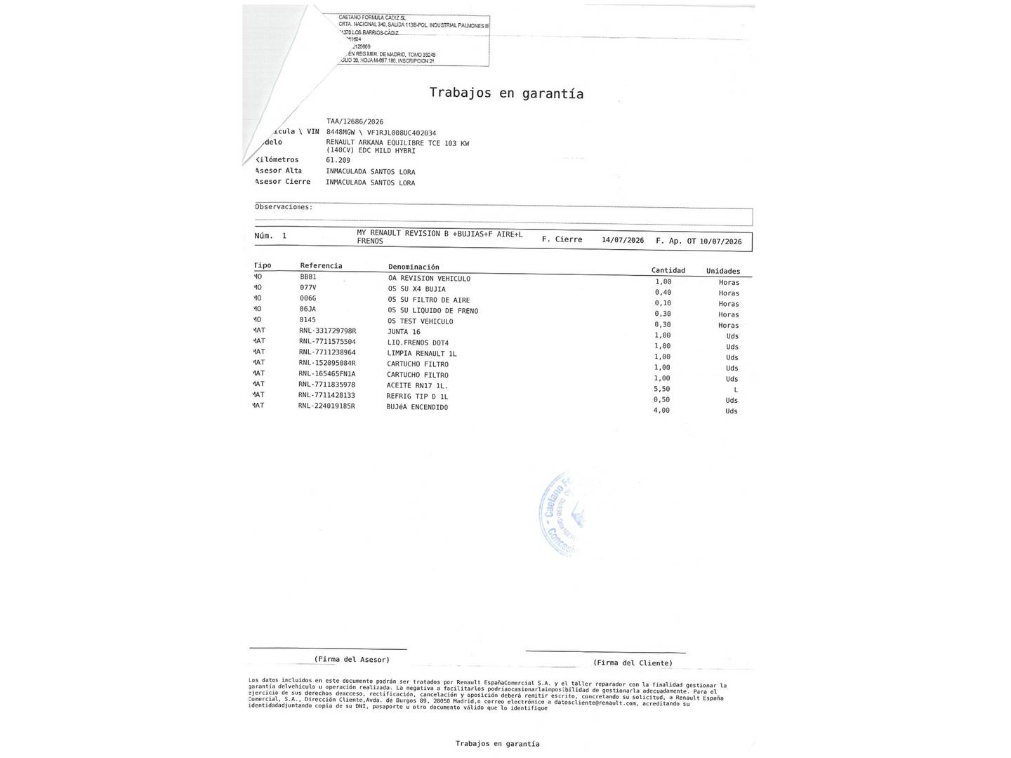 Foto del mantenimiento del Renault Arkana Renault Arkana Equilibre TCe (140 CV) EDC Microhíbrido