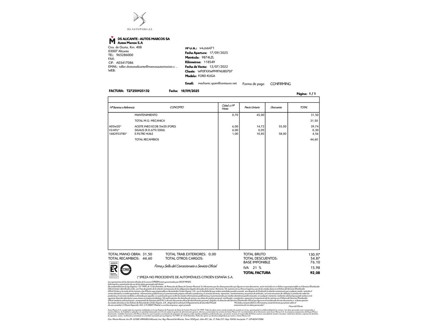 Foto del mantenimiento del Ford Kuga Ford Kuga 1.5 EcoBlue ST-Line (120 CV)