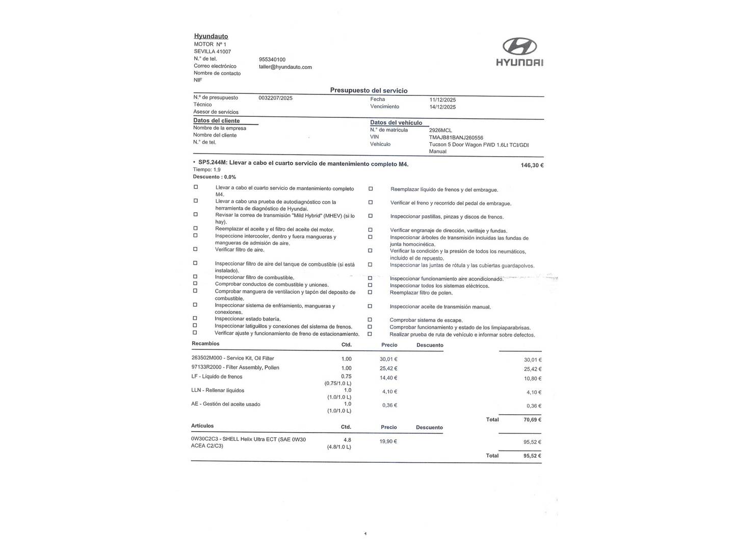 Foto del mantenimiento del Hyundai Tucson Hyundai Tucson 1.6 TGDI Klass 4x2 (150 CV)