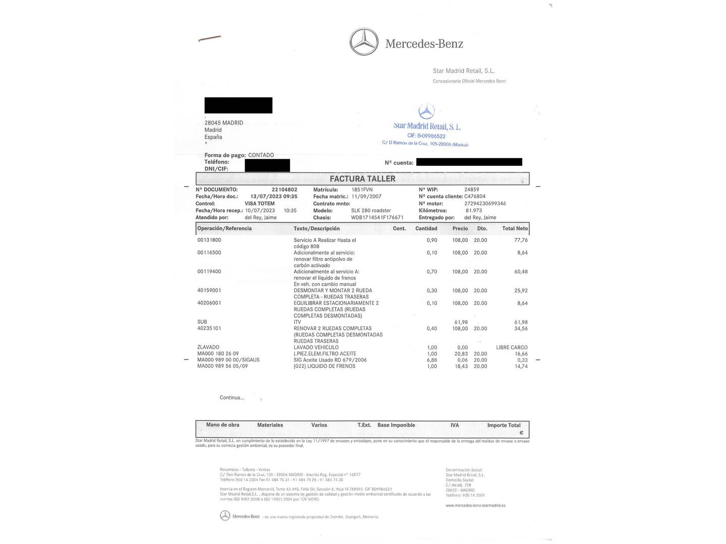 Foto del mantenimiento del Mercedes Clase SLK Mercedes Clase SLK 280 (231 CV)