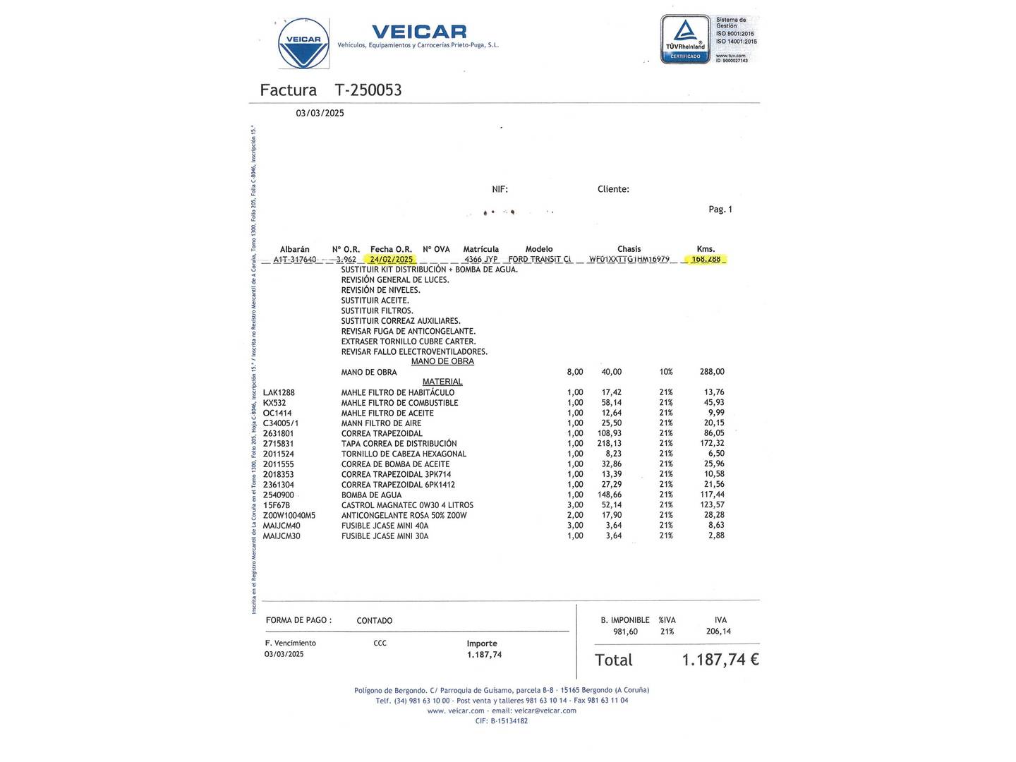 Foto del mantenimiento del Ford Transit Custom Ford Transit Custom Kombi 2.0 TDCI 310 L1 Trend (170 CV) 8 Plazas