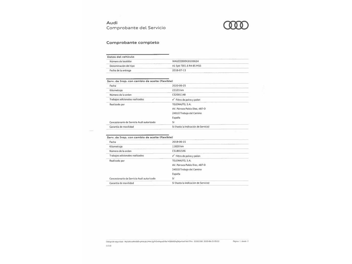 Foto del mantenimiento del Audi A1 Audi A1 Sportback Active Kit 1.6 TDI (116 CV)