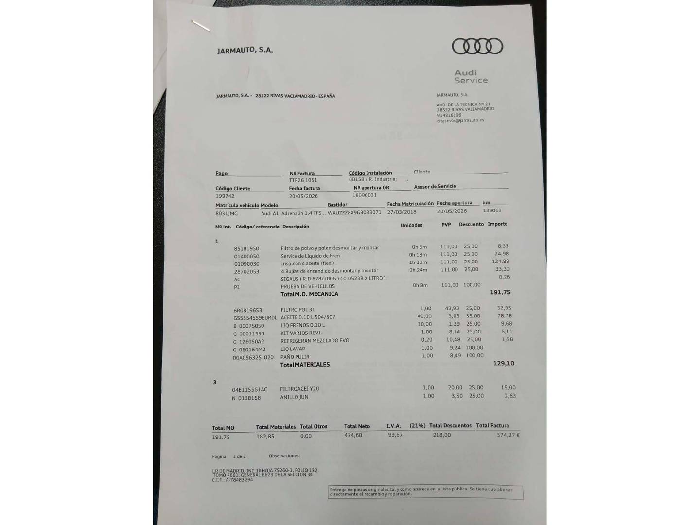 Foto del mantenimiento del Audi A1 Audi A1 1.4 TFSI (125 CV) S Tronic S-Line