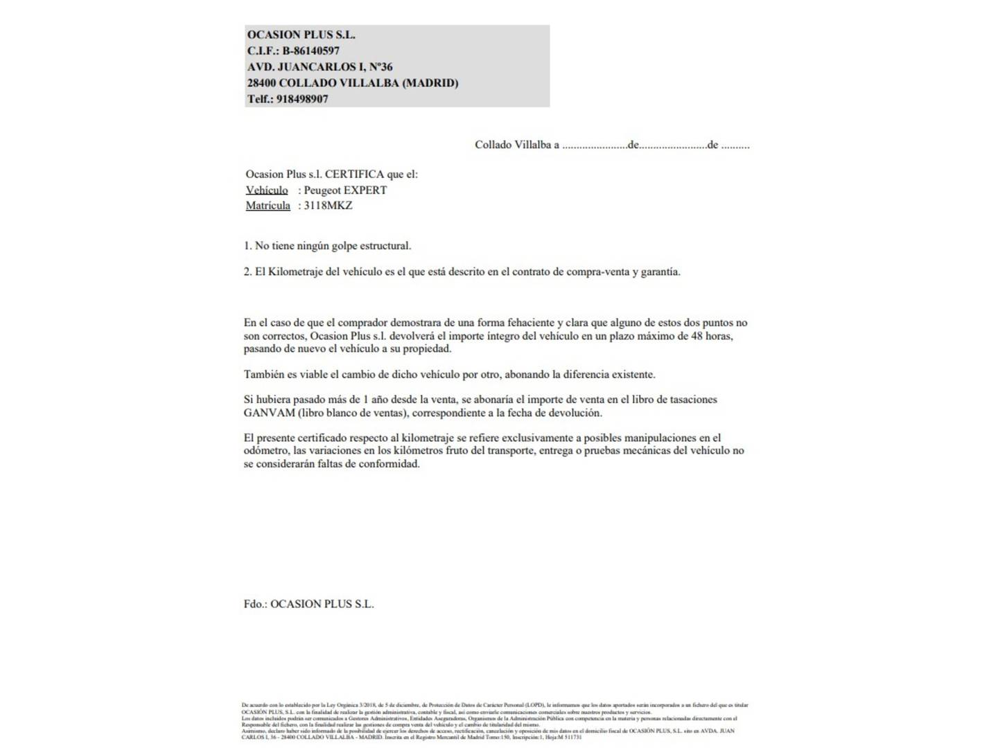 Foto del certificado del Peugeot Expert Peugeot Expert BlueHDi 100 Long (102 CV)