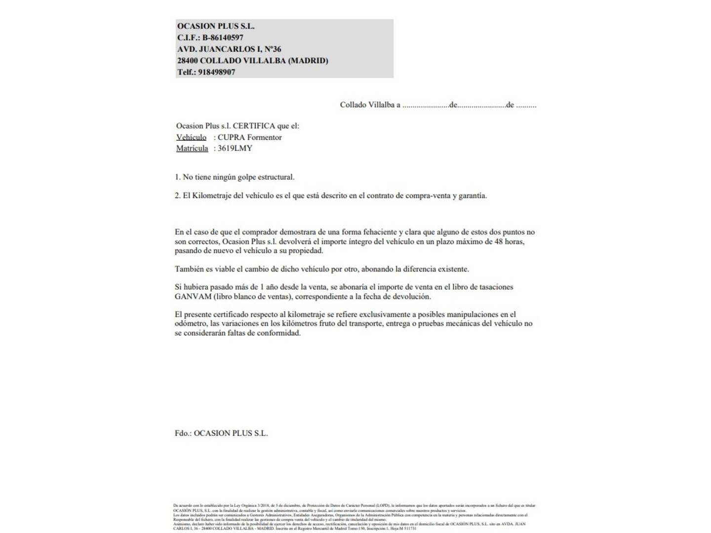 Foto del certificado del Cupra Formentor Cupra Formentor 1.5 TSI (150 CV)