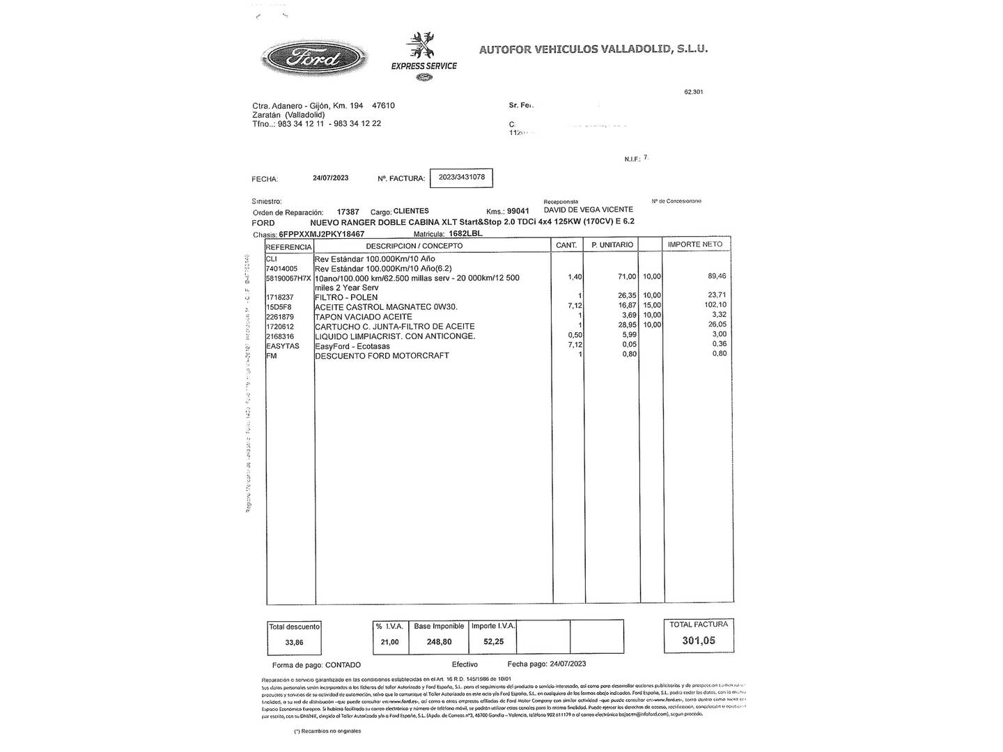 Foto del mantenimiento del Ford Ranger Ford Ranger Pickup 2.0 TDCI S&S DobleCabina XLT 4x4 (170 CV)