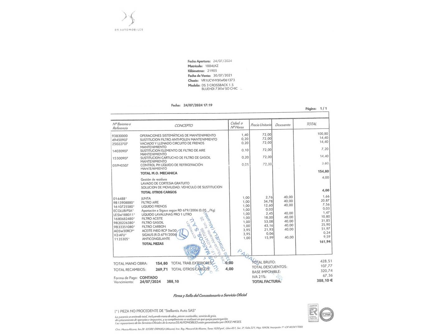 Foto del mantenimiento del DS DS 3 Crossback DS DS3 BlueHDi 100 So Chic (100 CV)