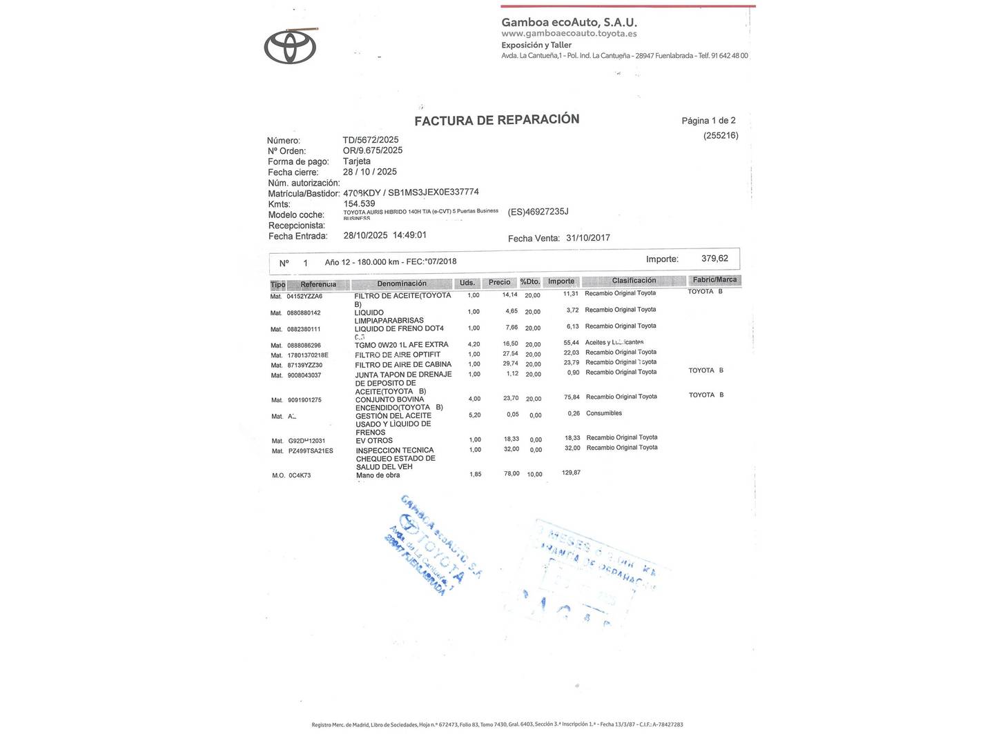 Foto del mantenimiento del Toyota Auris Toyota Auris 1.8 Hybrid Active (136 CV)