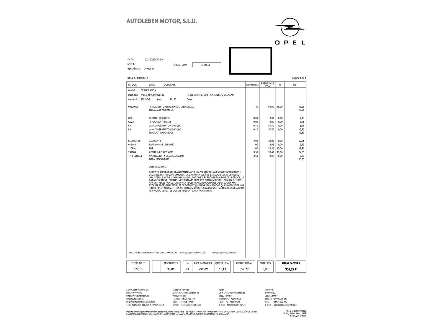 Foto del mantenimiento del Opel Grandland X Opel Grandland X 1.2 Turbo S&S Design Line Auto (130 CV)