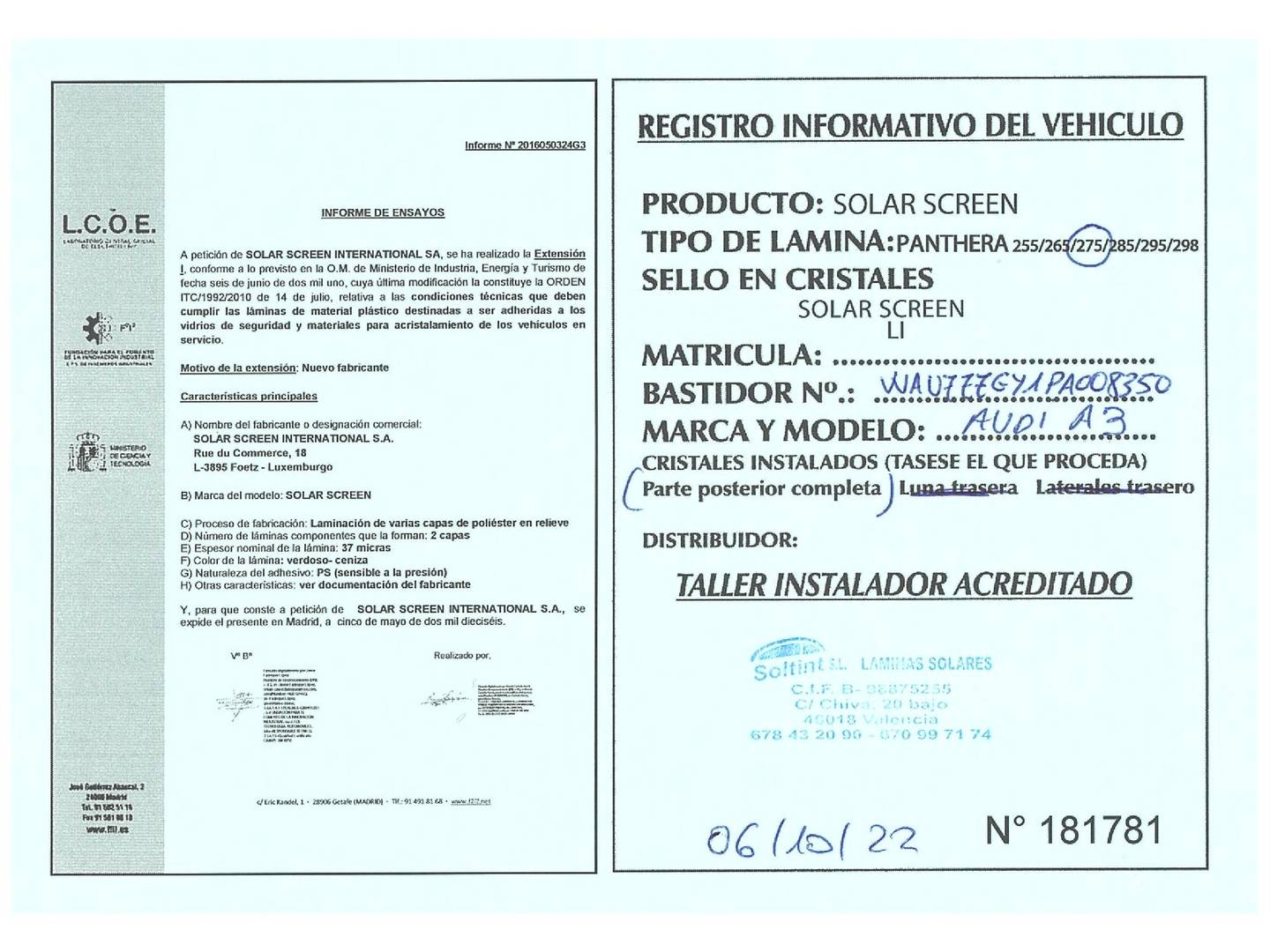Foto del certificado del Audi A3 Audi A3 Sedan S line 35 TDI (150 CV) S tronic