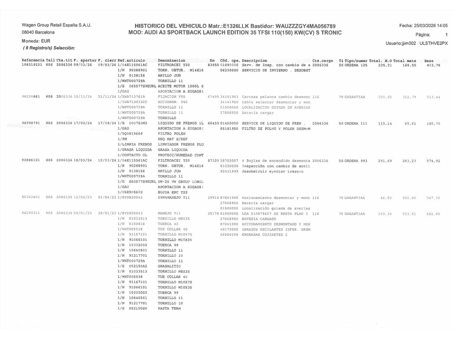Foto del mantenimiento del Audi A3 Audi A3 Sportback S line 35 TFSI (150 CV) S tronic