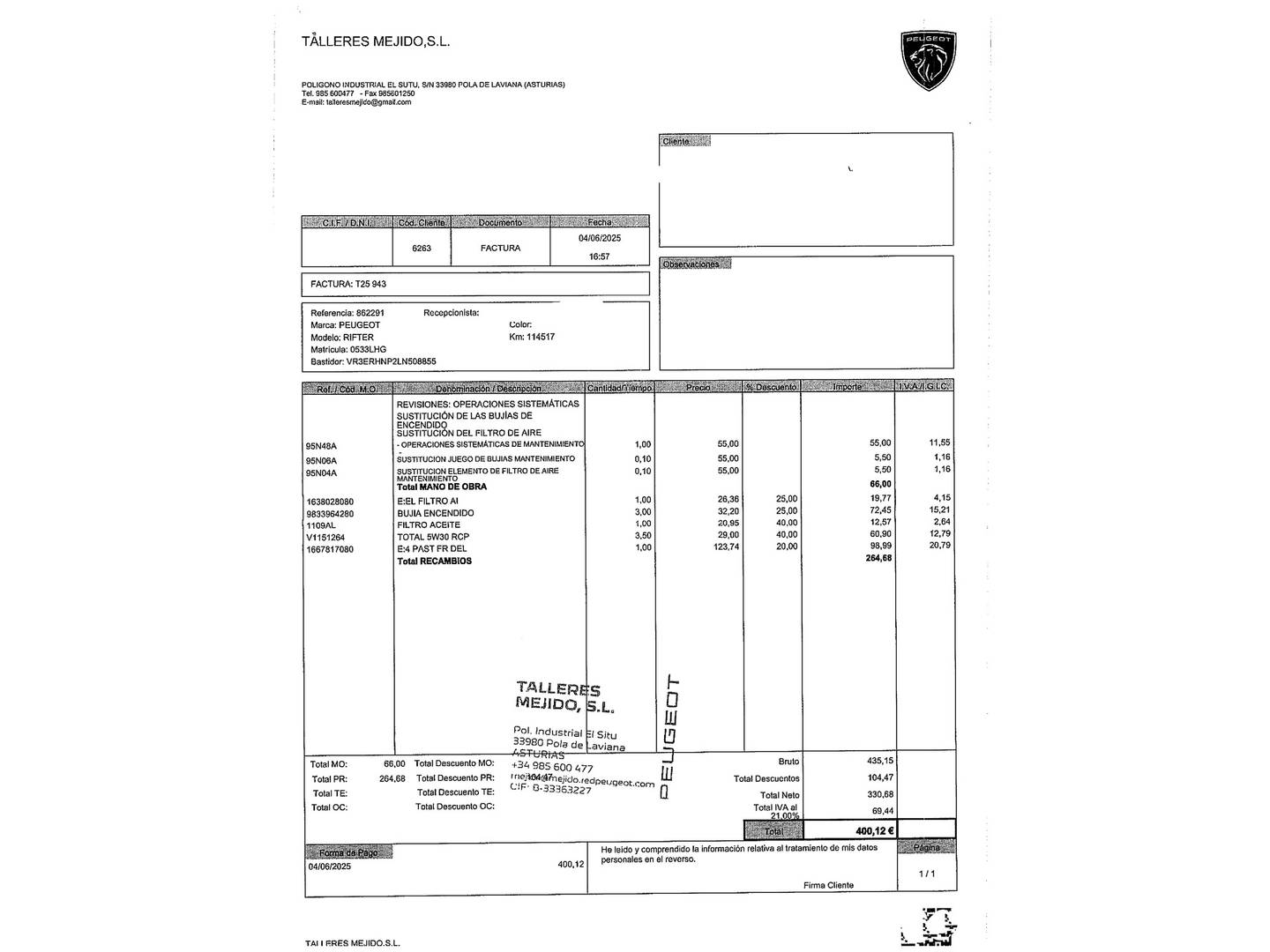 Foto del mantenimiento del Peugeot Rifter Peugeot Rifter PureTech 110 Active Standard (110 CV)