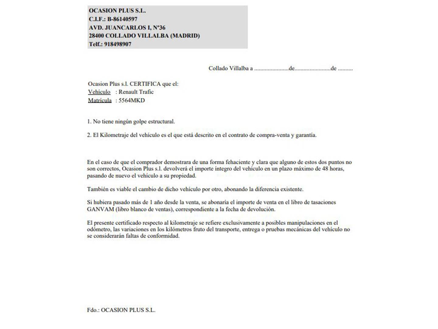 Foto del certificado del Renault Trafic Renault Trafic Furgon L1H1 Blue dCi (130 CV)