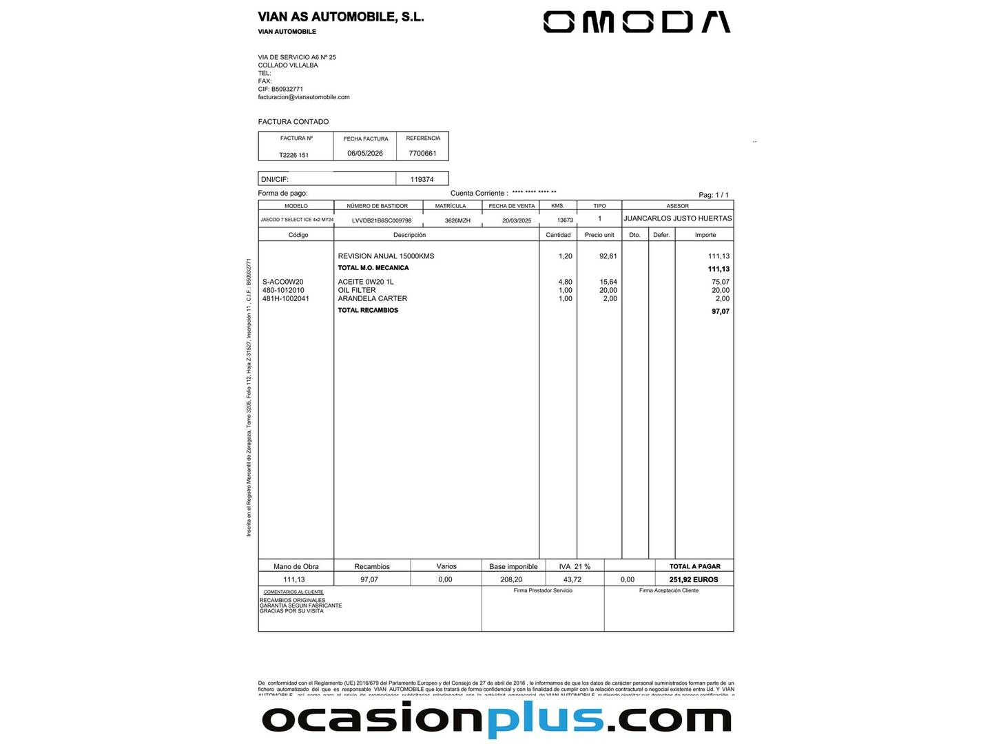 Foto del mantenimiento del JAECOO 7 JAECOO 7 1.6 TGDI Select FWD (145 CV)