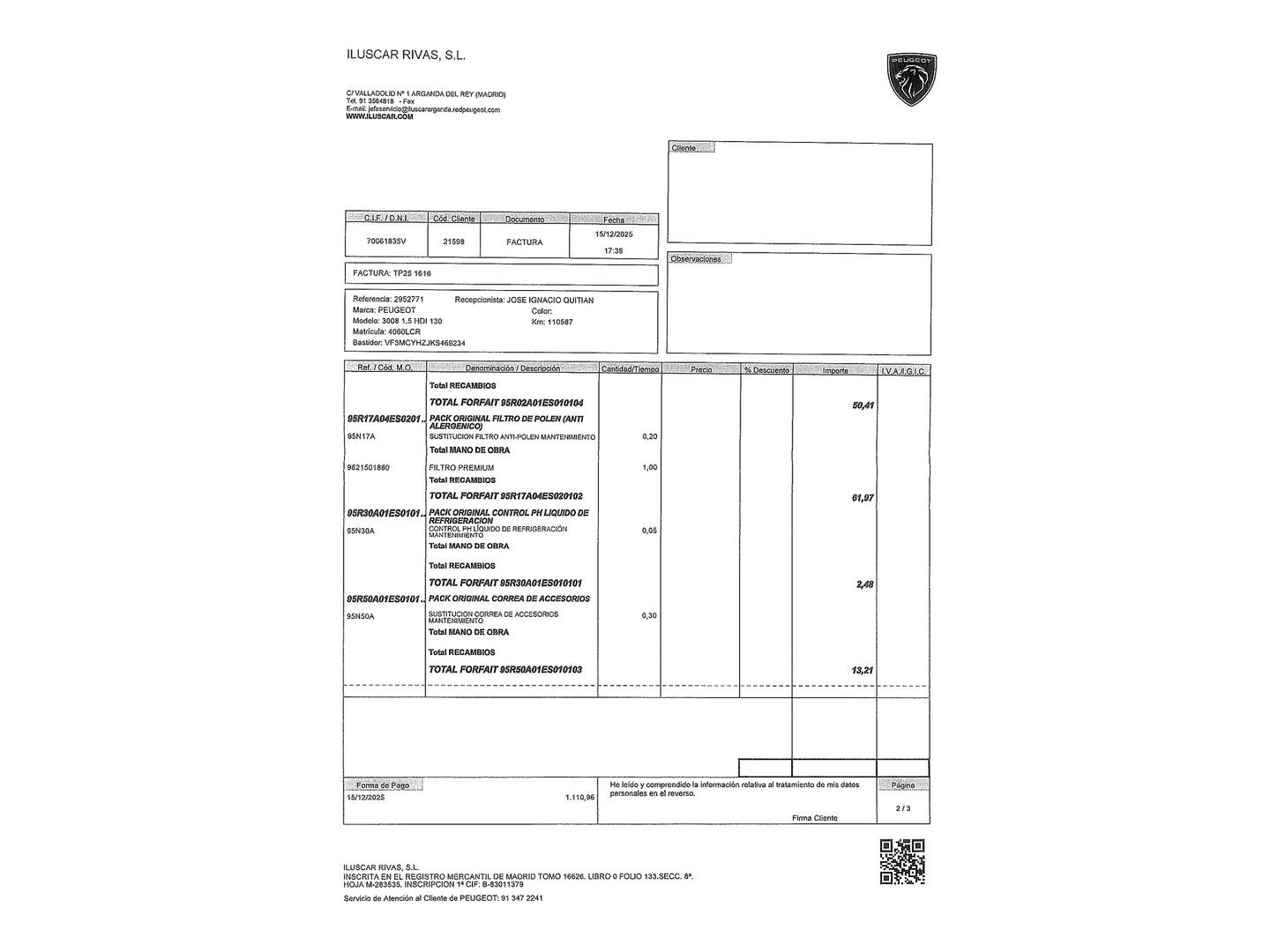 Foto del mantenimiento del Peugeot 3008 Peugeot 3008 BlueHDI 130 S&S GT Line (130 CV)