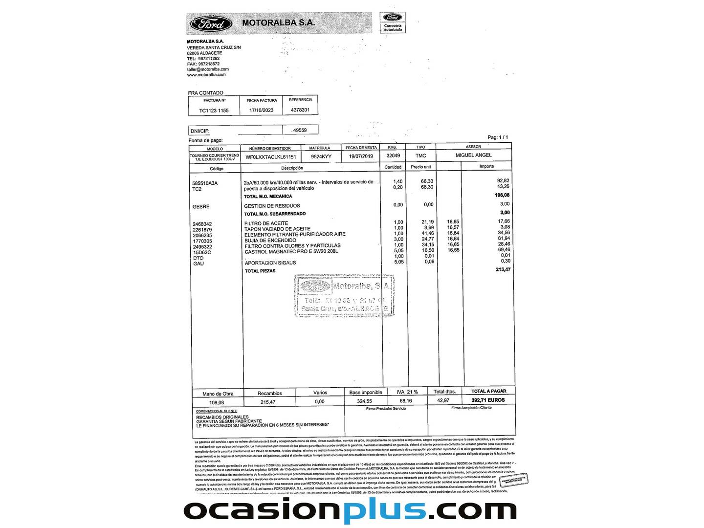 Foto del mantenimiento del Ford Tourneo Courier Ford Tourneo Courier 1.0 EcoBoost Trend (100 CV)
