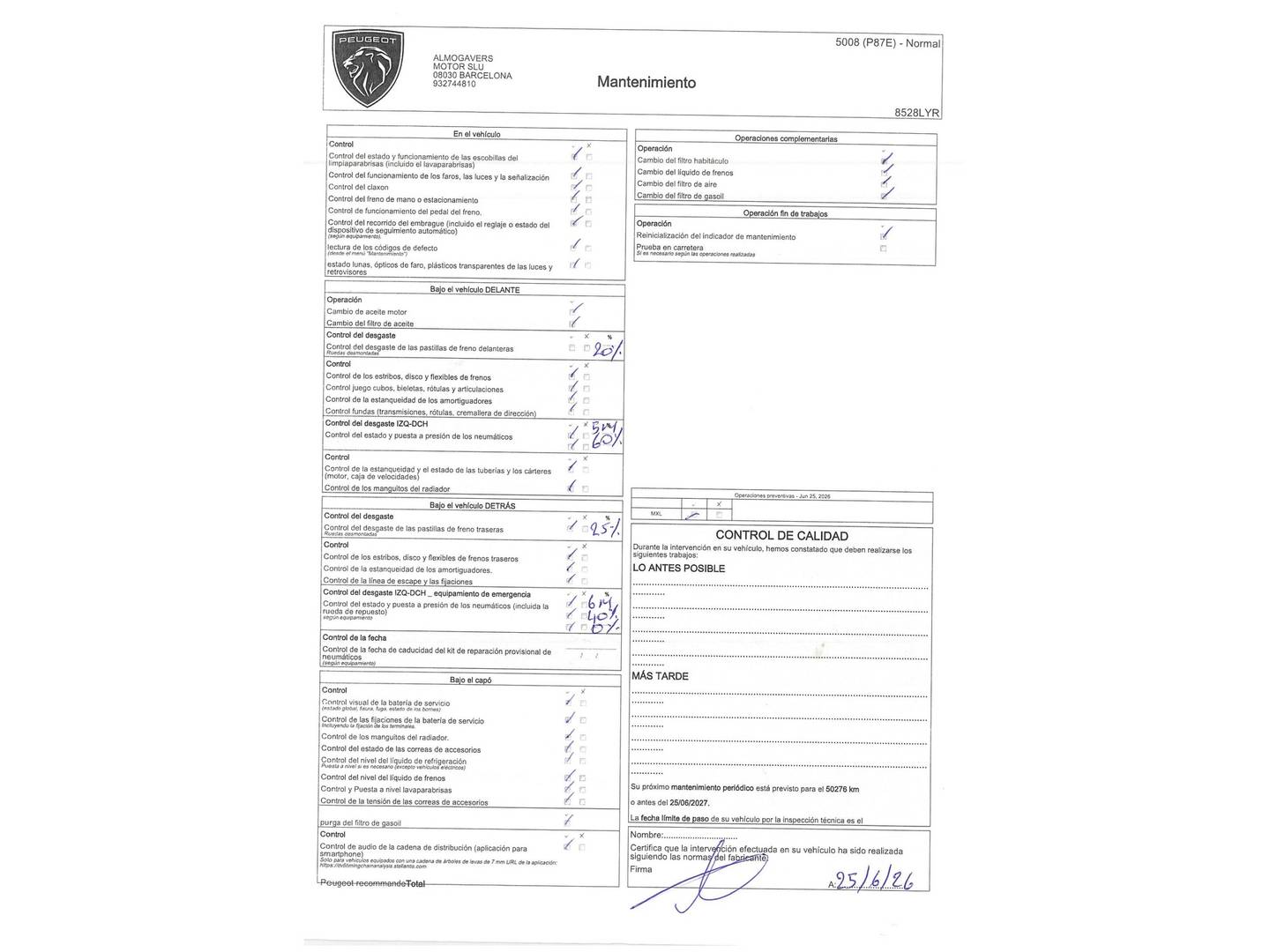 Foto del mantenimiento del Peugeot 5008 Peugeot 5008 BlueHDI 130 S&S Active Pack (130 CV) 7 Plazas