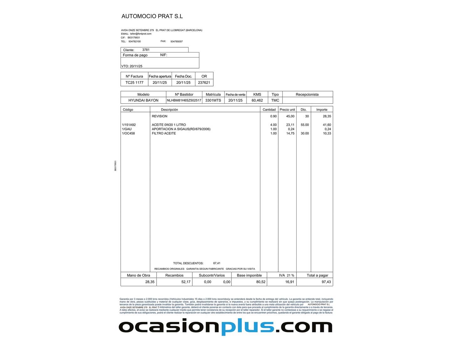 Foto del mantenimiento del Hyundai Bayon Hyundai Bayon 1.2 MPI Klass (79 CV)