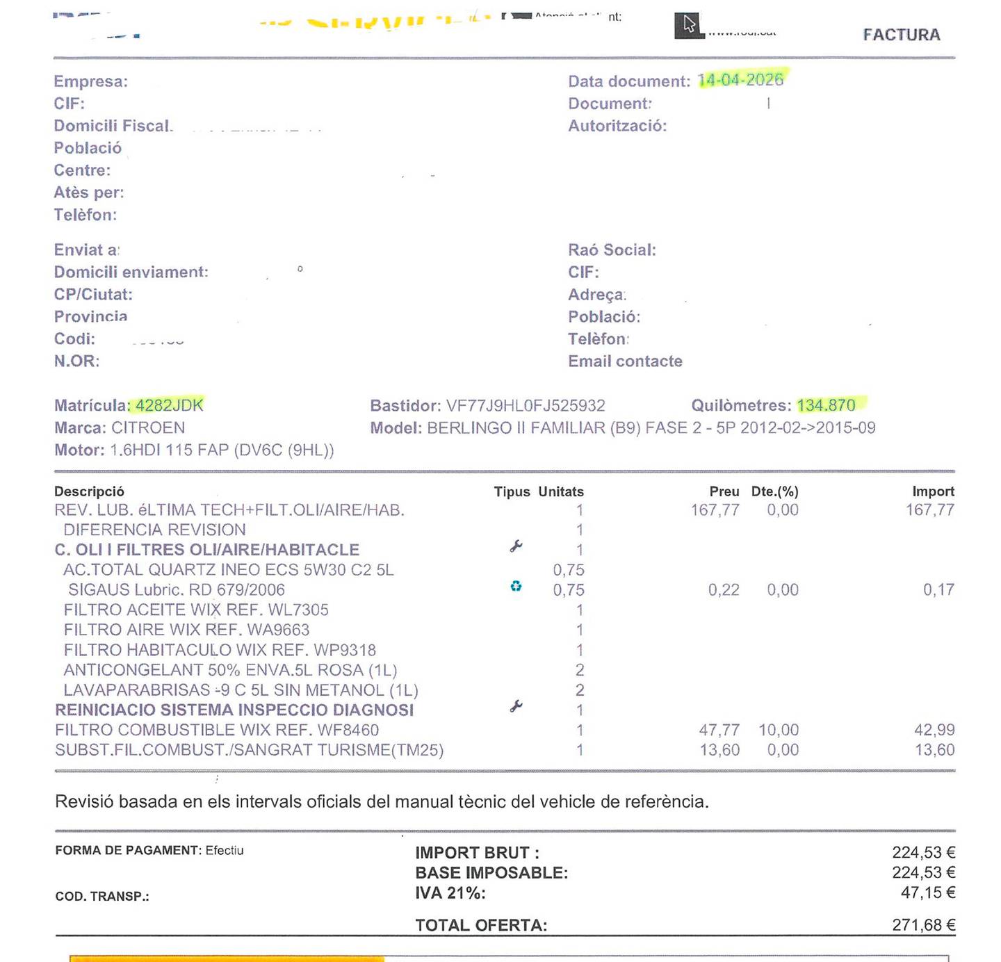 Foto del mantenimiento del Citroën Berlingo Citroën Berlingo 1.6 HDi XTR Plus (114 CV)