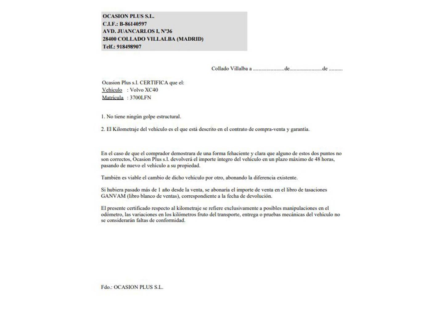Foto del certificado del Volvo XC40 Volvo XC40 D3 Business Plus Auto (150 CV)