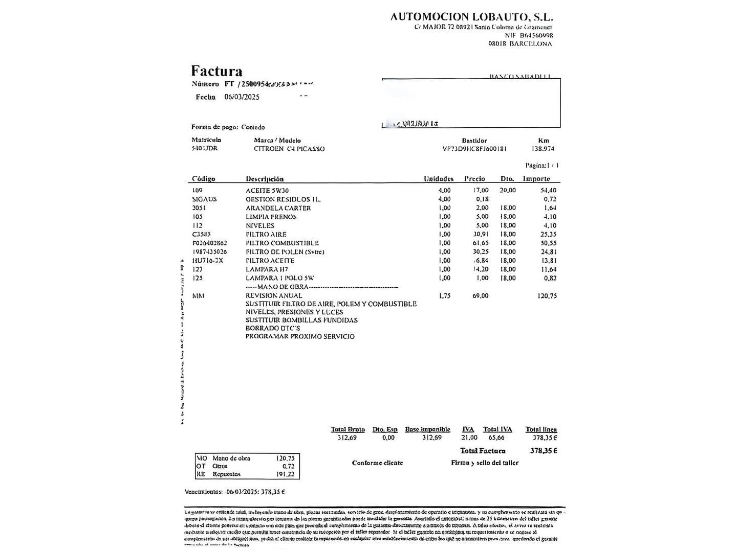 Foto del mantenimiento del Citroën C4 Picasso Citroën C4 Picasso 1.6 HDI Seduction (115 CV)