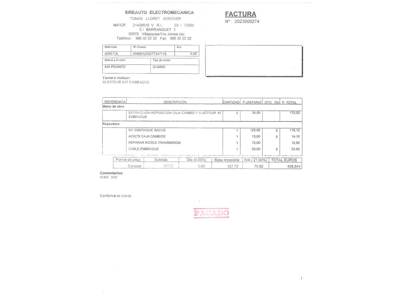 Foto del mantenimiento del KIA Picanto KIA Picanto 1.1 SOHC LX (65 CV)