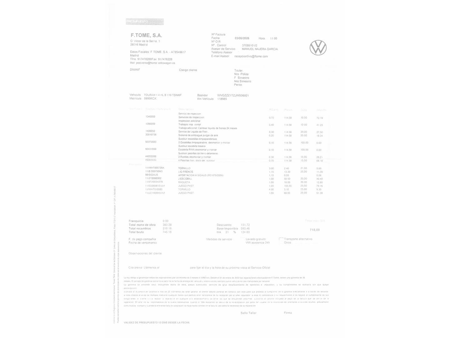 Foto del mantenimiento del Volkswagen Touran Volkswagen Touran Sport 1.4 TSI (150 CV) 7 Plazas
