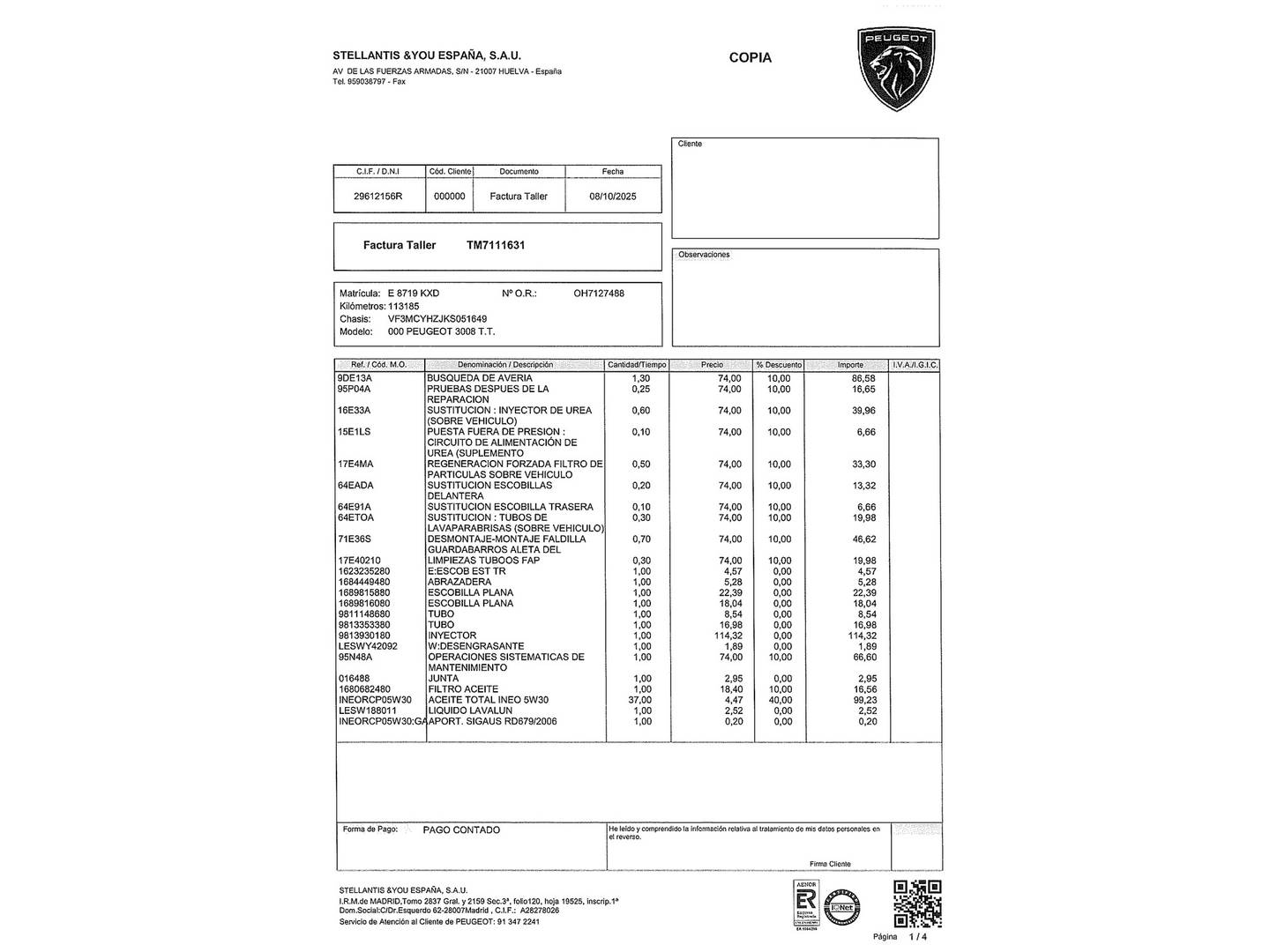 Foto del mantenimiento del Peugeot 3008 Peugeot 3008 BlueHDI 130 S&S GT Line (130 CV)