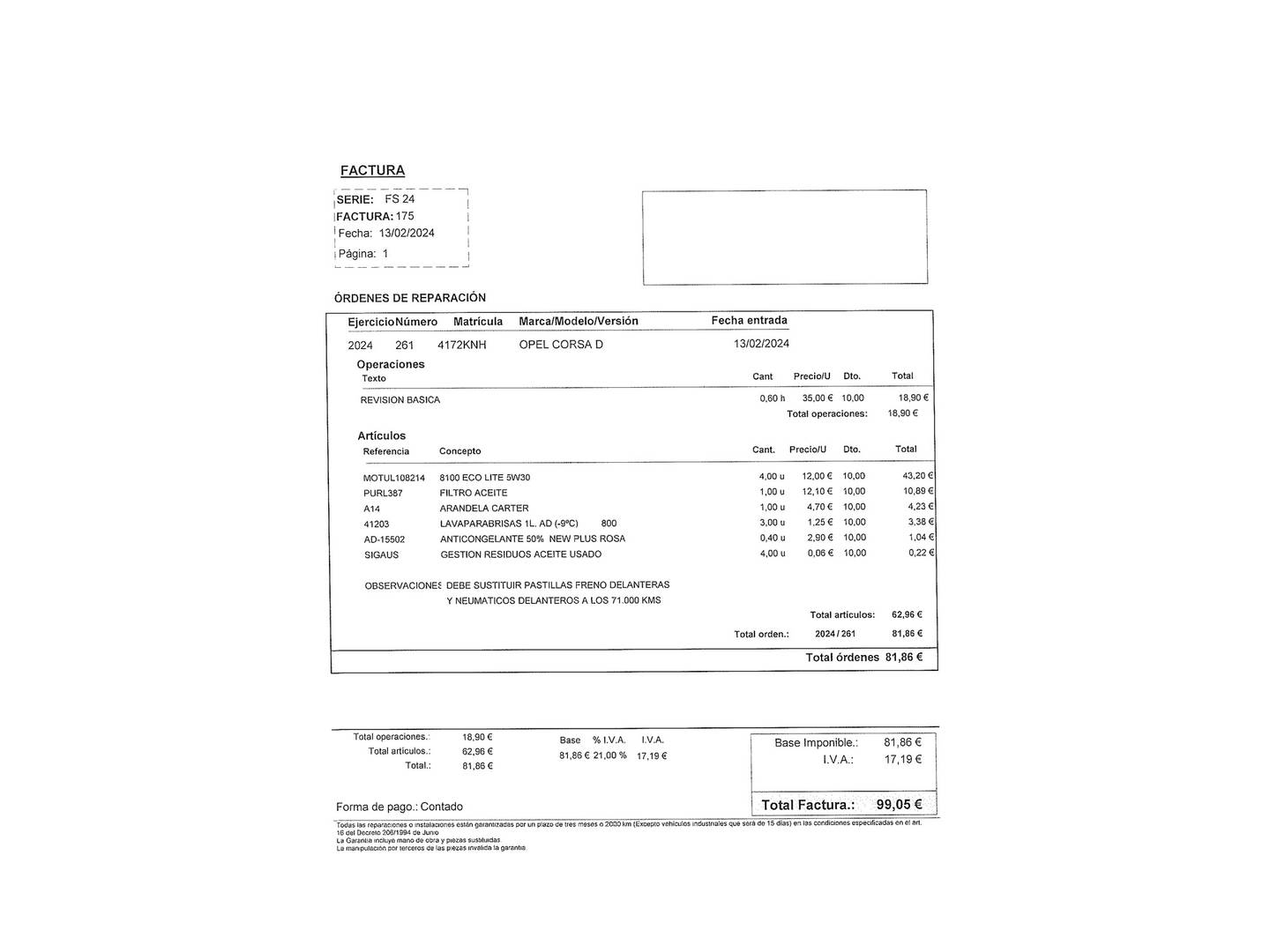 Foto del mantenimiento del Opel Corsa Opel Corsa 1.4 Expression (75 CV)