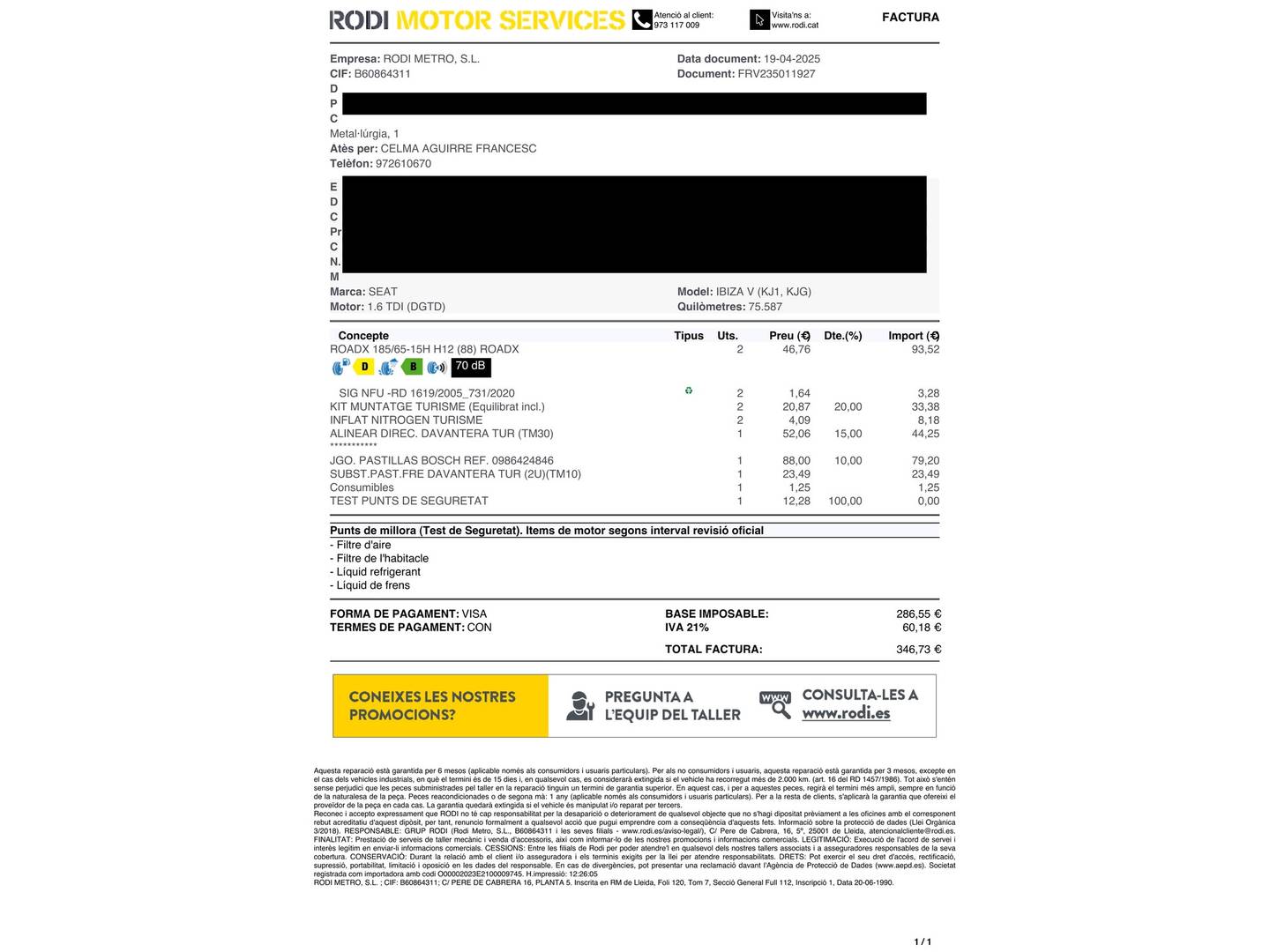 Foto del mantenimiento del Seat Ibiza Seat Ibiza 1.6 TDI Style (95 CV)