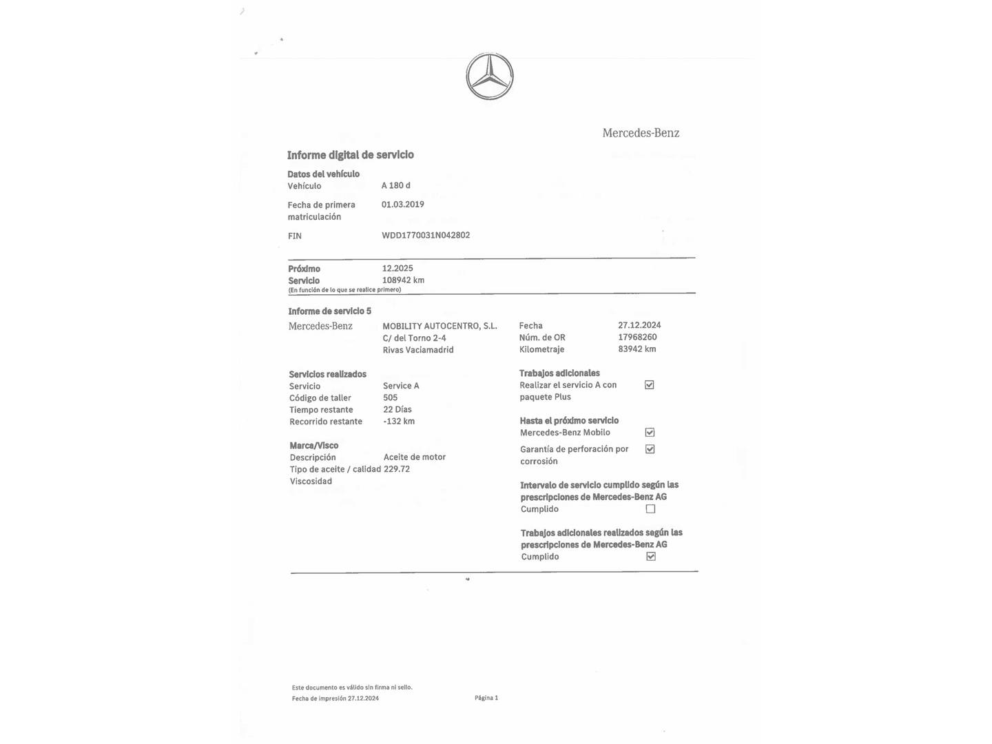 Foto del mantenimiento del Mercedes Clase A Mercedes Clase A 180 d (116 CV)