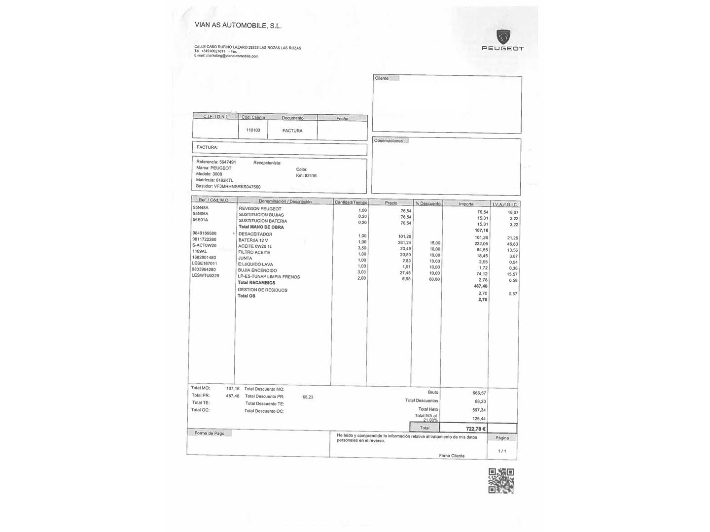 Foto del mantenimiento del Peugeot 3008 Peugeot 3008 PureTech 130 S&S GT Line EAT8 (130 CV)