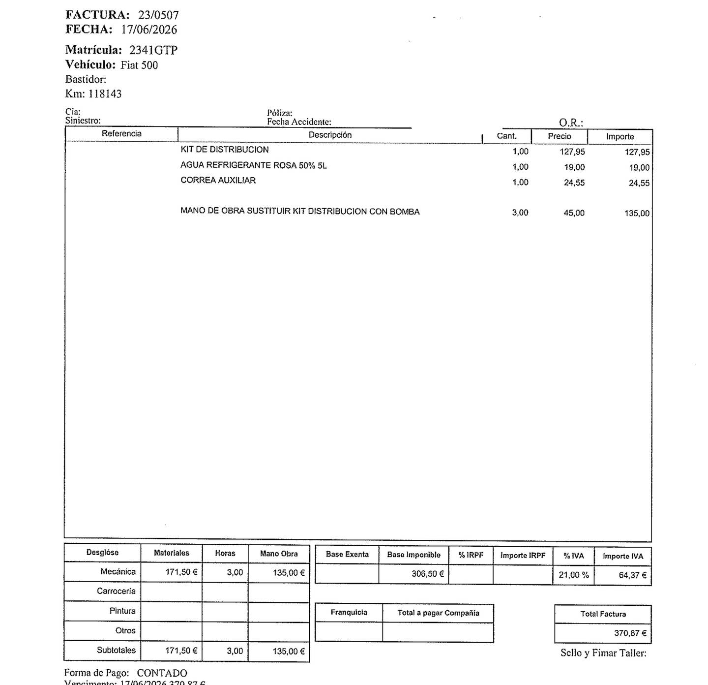 Foto del mantenimiento del Fiat 500 Fiat 500 1.2 8v Lounge (69 CV)