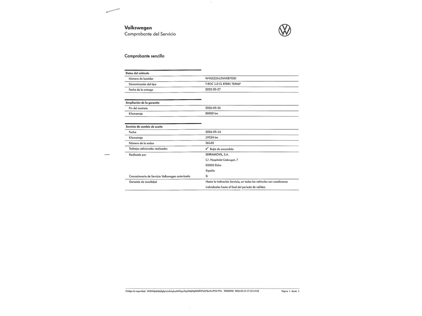 Foto del mantenimiento del Volkswagen T-Roc Volkswagen T-Roc Advance Style 1.0 TSI (110 CV)