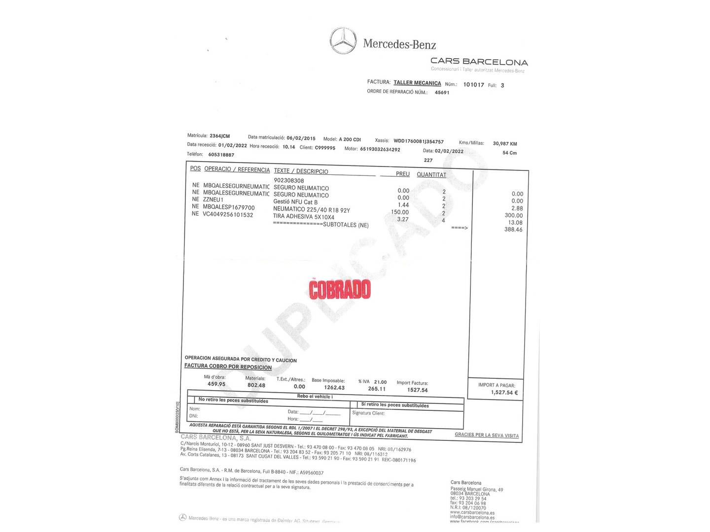 Foto del mantenimiento del Mercedes Clase A Mercedes Clase A 200 CDI AMG Line (136 CV)