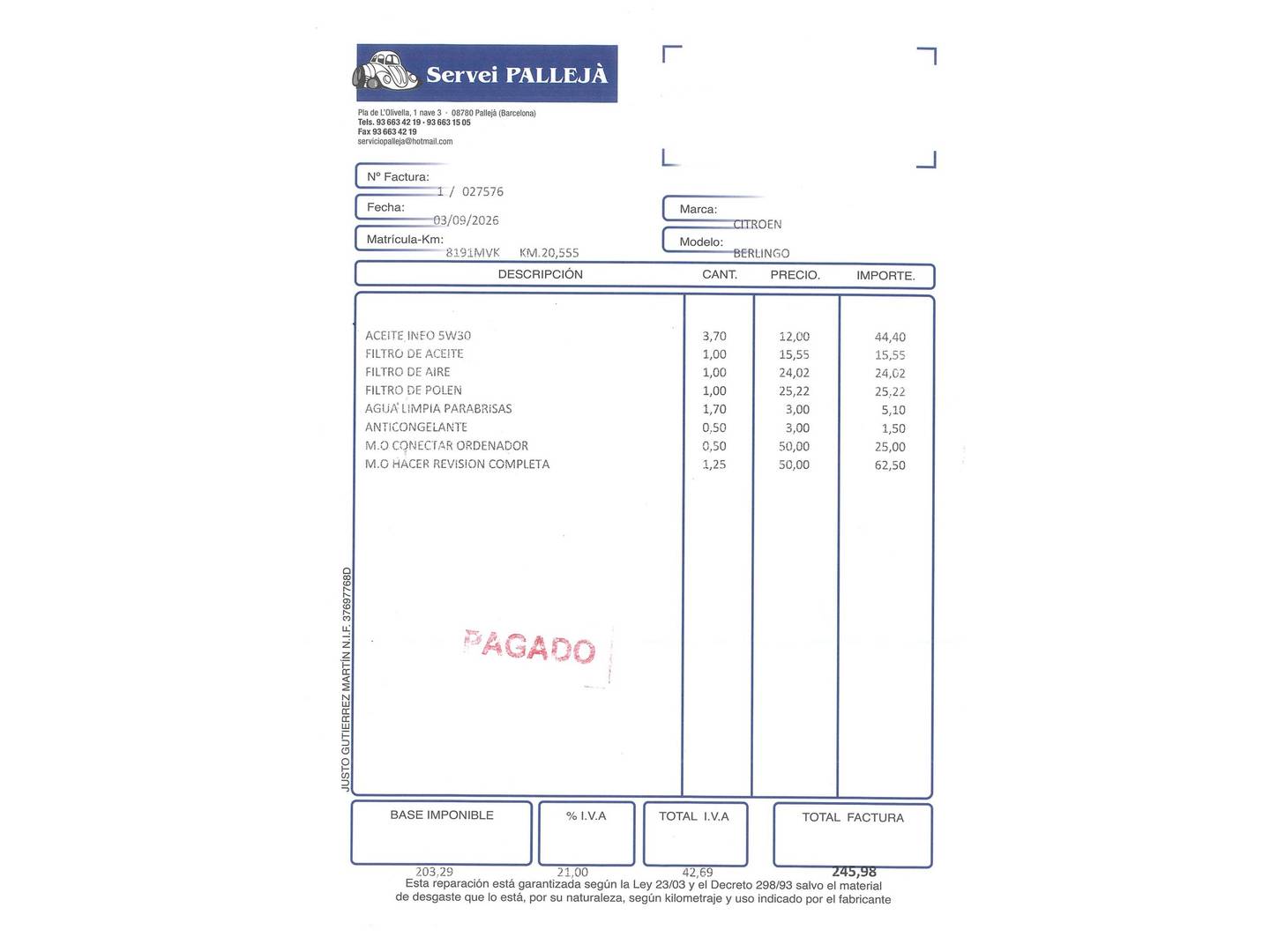 Foto del mantenimiento del Citroën Berlingo Citroën Berlingo BlueHDi 130 S&S Talla XL Plus (130 CV)