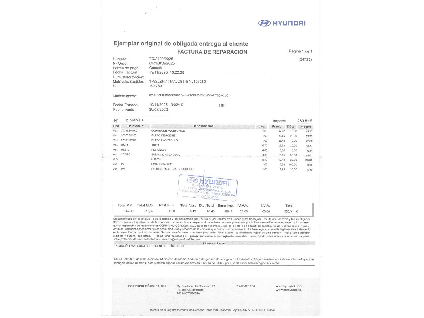 Foto del mantenimiento del Hyundai Tucson Hyundai Tucson 1.6 TGDI HEV Tecno Auto 2C (230 CV)