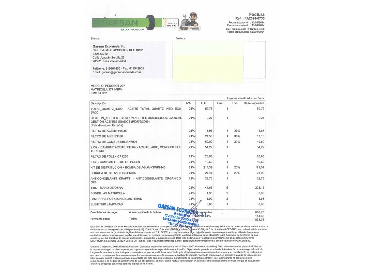 Foto del mantenimiento del Peugeot 207 Peugeot 207 1.6 HDI Sport (90 CV)