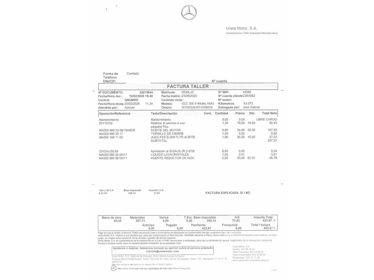 Foto del mantenimiento del Mercedes Clase GLC Mercedes GLC d 4Matic (245 CV)