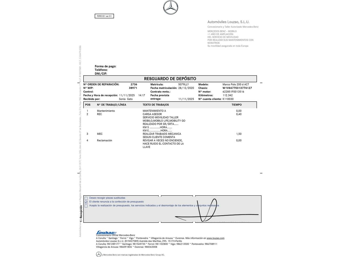 Foto del mantenimiento del Mercedes Vito Mercedes Vito 200 d Marco Polo Activity Largo (136 CV) Semi-Camperizada 5 Plazas