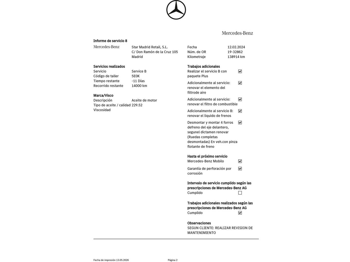 Foto del mantenimiento del Mercedes Clase A Mercedes Clase A 200 CDI AMG Line (136 CV)