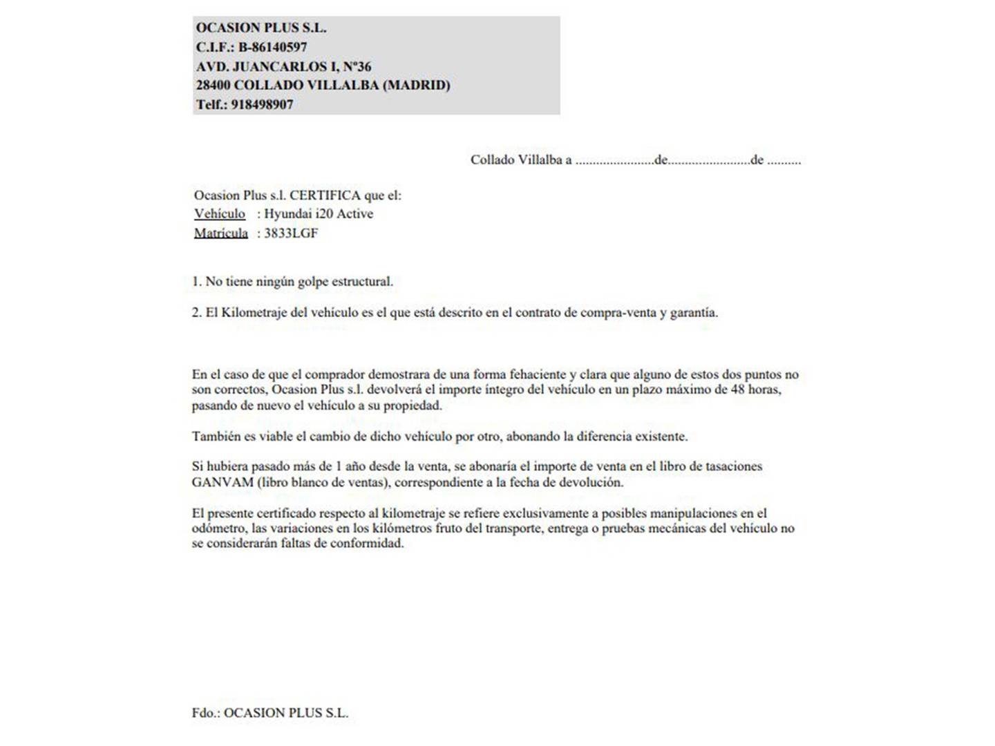 Foto del certificado del Hyundai i20 Hyundai i20 1.0 TGDI Klass (100 CV)
