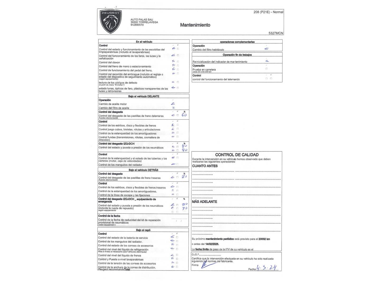 Foto del mantenimiento del Peugeot 208 Peugeot 208 PureTech 100 Allure Pack (100 CV)