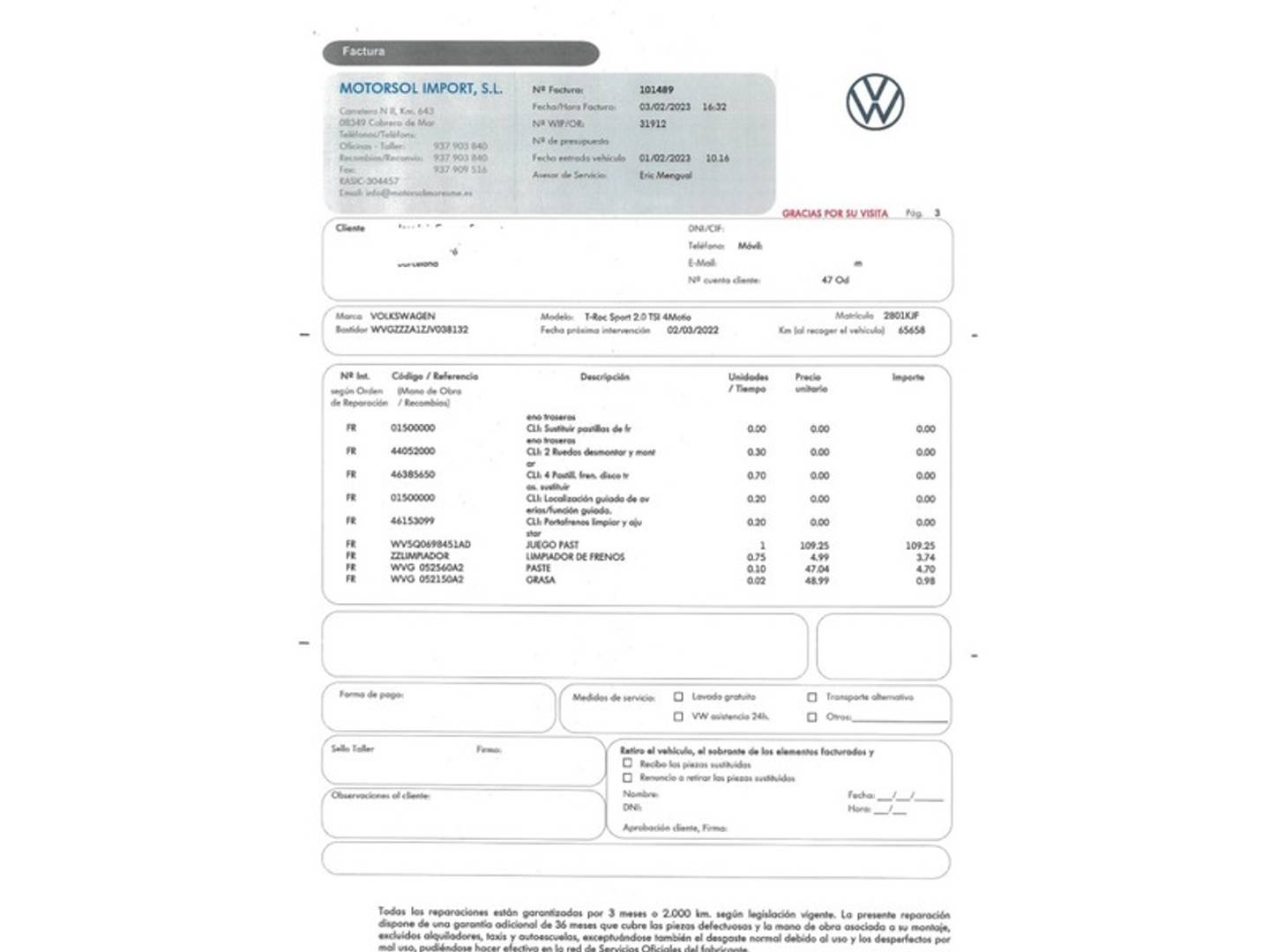 Foto del mantenimiento del Volkswagen T-Roc Volkswagen T-Roc Sport 2.0 TSI 4Motion (190 CV) DSG