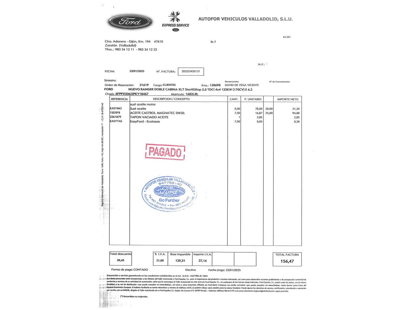 Foto del mantenimiento del Ford Ranger Ford Ranger Pickup 2.0 TDCI S&S DobleCabina XLT 4x4 (170 CV)