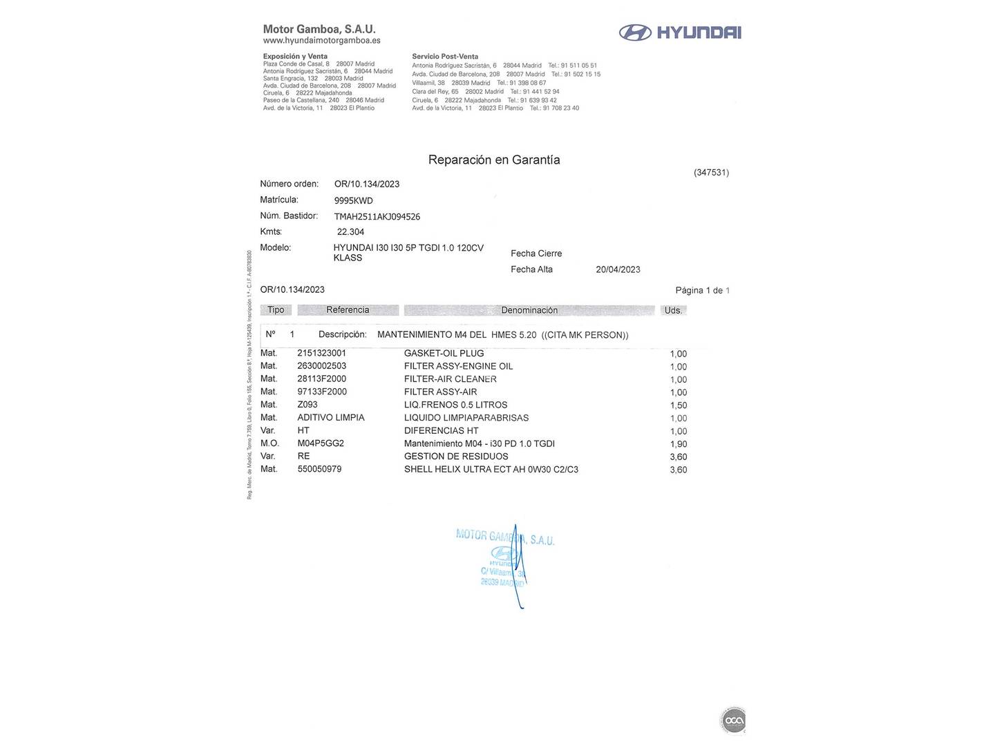 Foto del mantenimiento del Hyundai i30 Hyundai i30 1.0 TGDI Go! (120 CV)