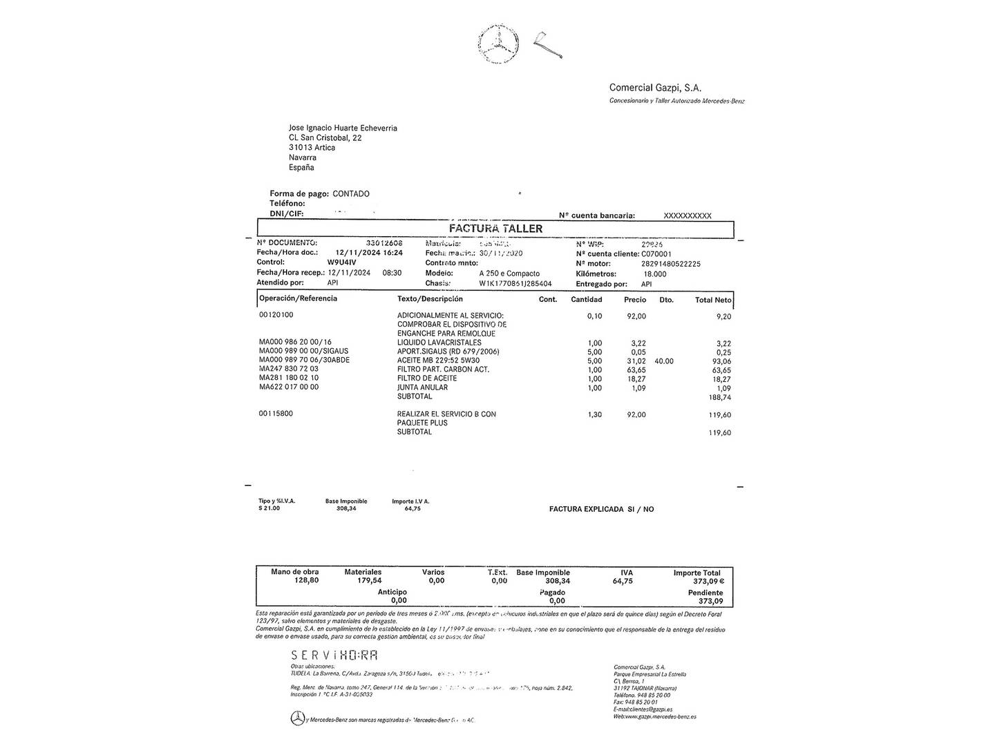 Foto del mantenimiento del Mercedes Clase A Mercedes Clase A 250 e (218 CV)