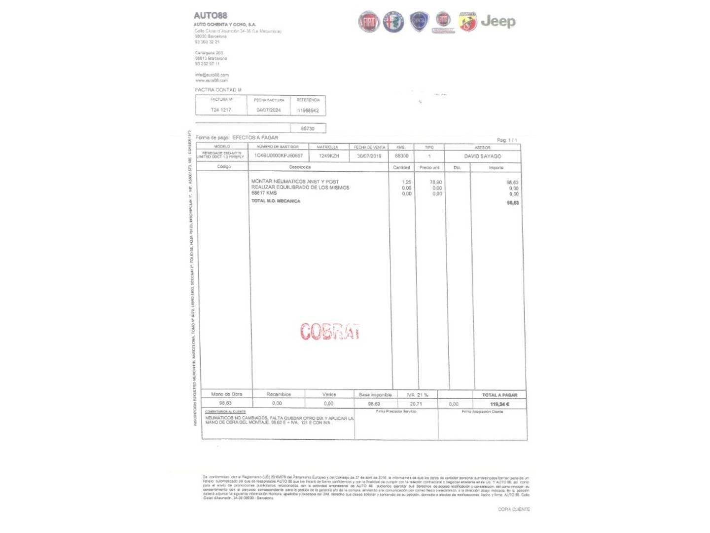 Foto del mantenimiento del Jeep Renegade Jeep Renegade 1.3G Limited 4x2 DDCT (150 CV)