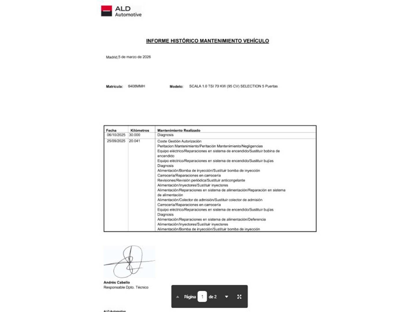 Foto del mantenimiento del Skoda Scala Skoda Scala 1.0 TSI Ambition (95 CV)