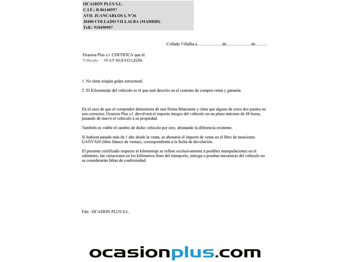 Foto del certificado del Seat León Seat León 1.5 TSI FR XS (116 CV)